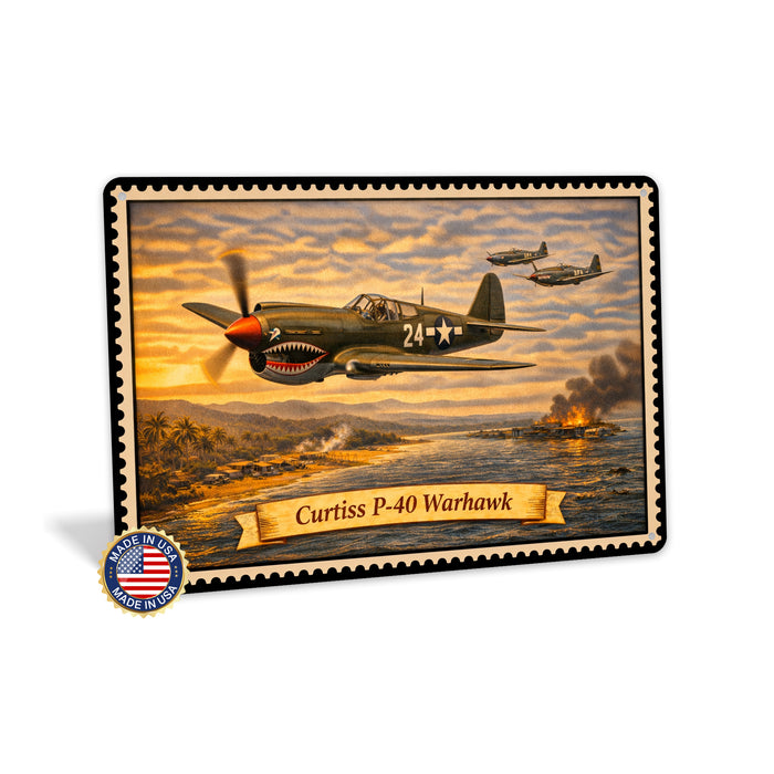 Curtiss P-40 Warhawk metal sign with horizontal postage-stamp style Curtiss P-40 Warhawk vintage artwork with shark mouth