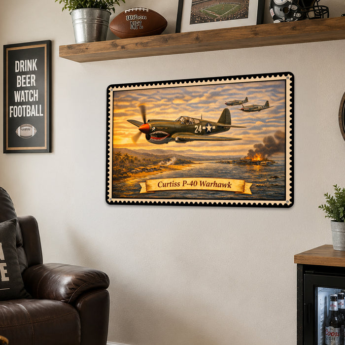Curtiss P-40 Warhawk metal sign with horizontal postage-stamp style Curtiss P-40 Warhawk vintage artwork with shark mouth