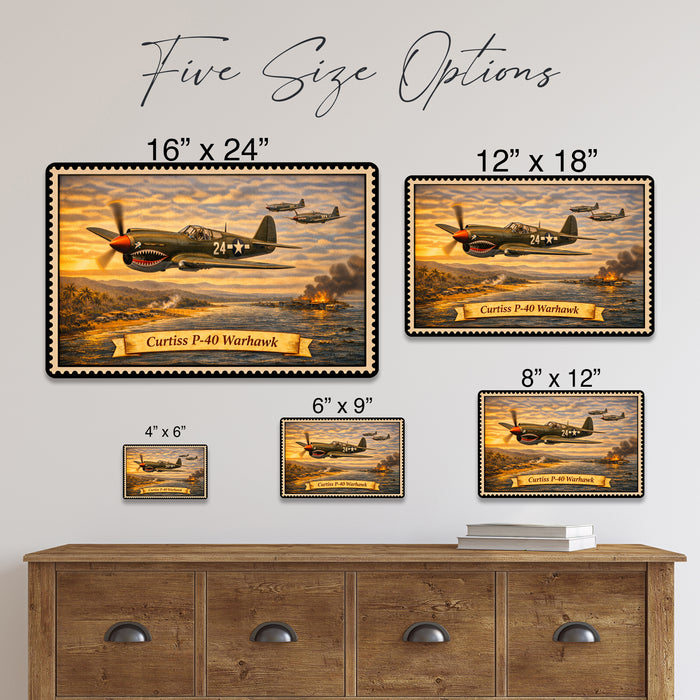 Curtiss P-40 Warhawk metal sign with horizontal postage-stamp style Curtiss P-40 Warhawk vintage artwork with shark mouth