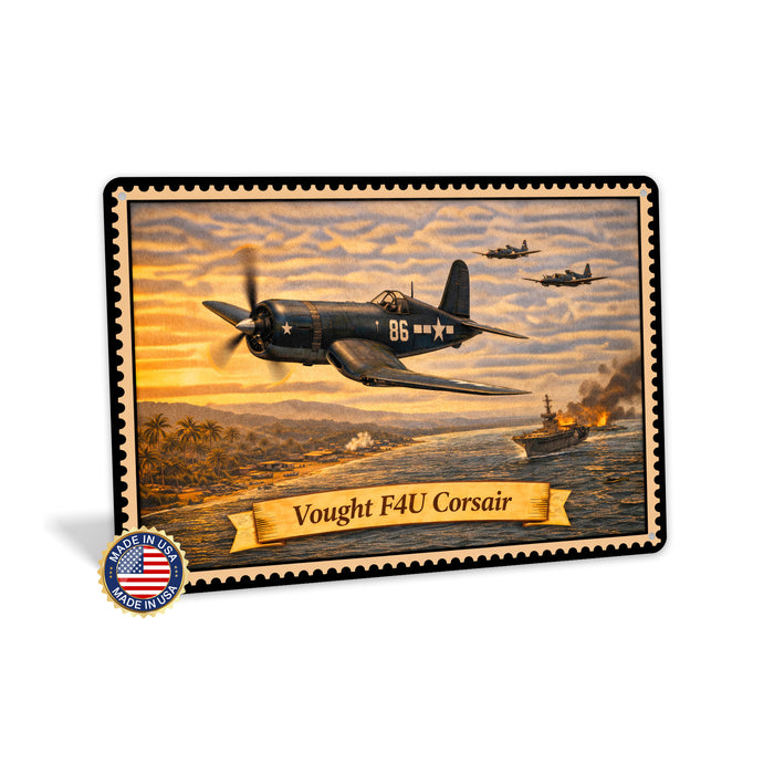 Vought F4U Corsair metal sign with horizontal postage-stamp style Vought F4U Corsair vintage artwork with gull wing carrier