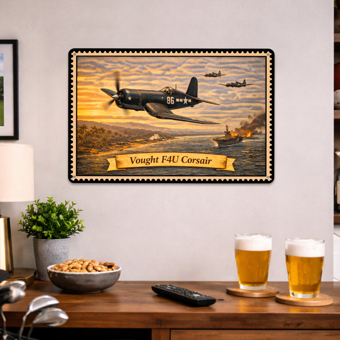 Vought F4U Corsair metal sign with horizontal postage-stamp style Vought F4U Corsair vintage artwork with gull wing carrier