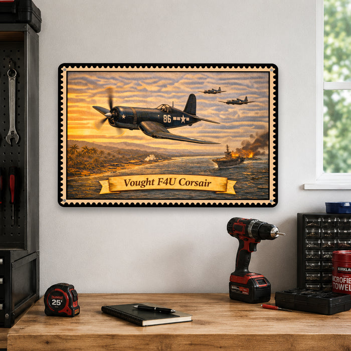 Vought F4U Corsair metal sign with horizontal postage-stamp style Vought F4U Corsair vintage artwork with gull wing carrier