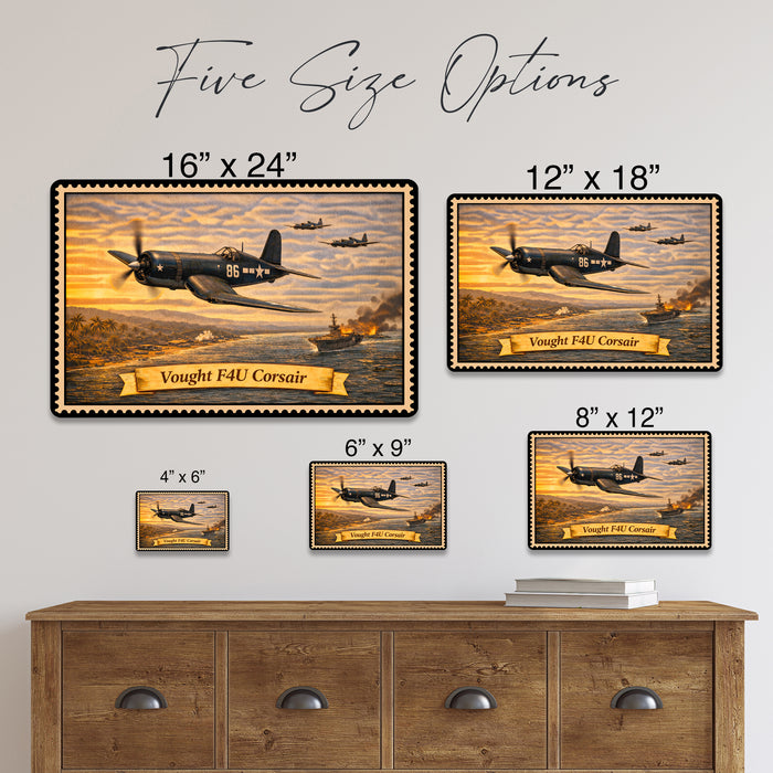 Vought F4U Corsair metal sign with horizontal postage-stamp style Vought F4U Corsair vintage artwork with gull wing carrier