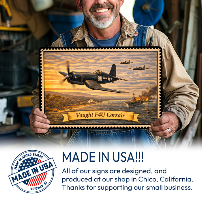 Vought F4U Corsair metal sign with horizontal postage-stamp style Vought F4U Corsair vintage artwork with gull wing carrier