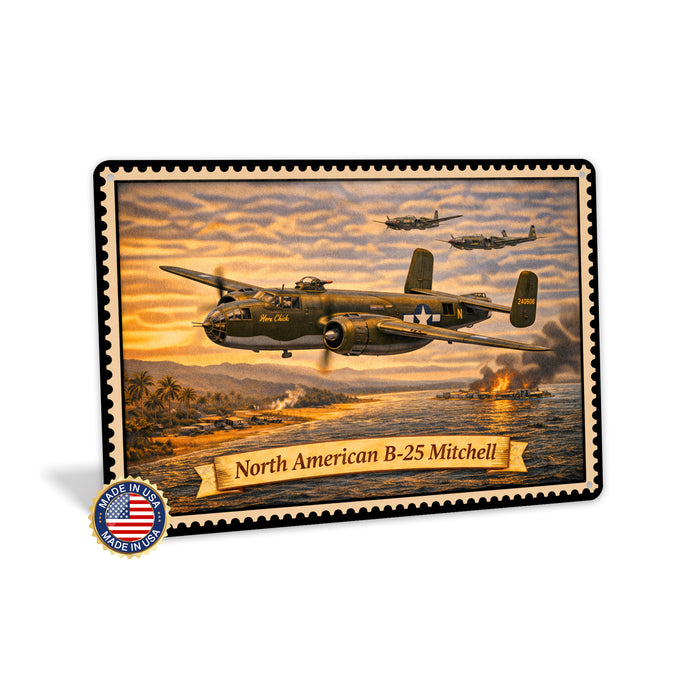 North American B-25 Mitchell metal sign with horizontal postage-stamp style North American B-25 Mitchell vintage artwork