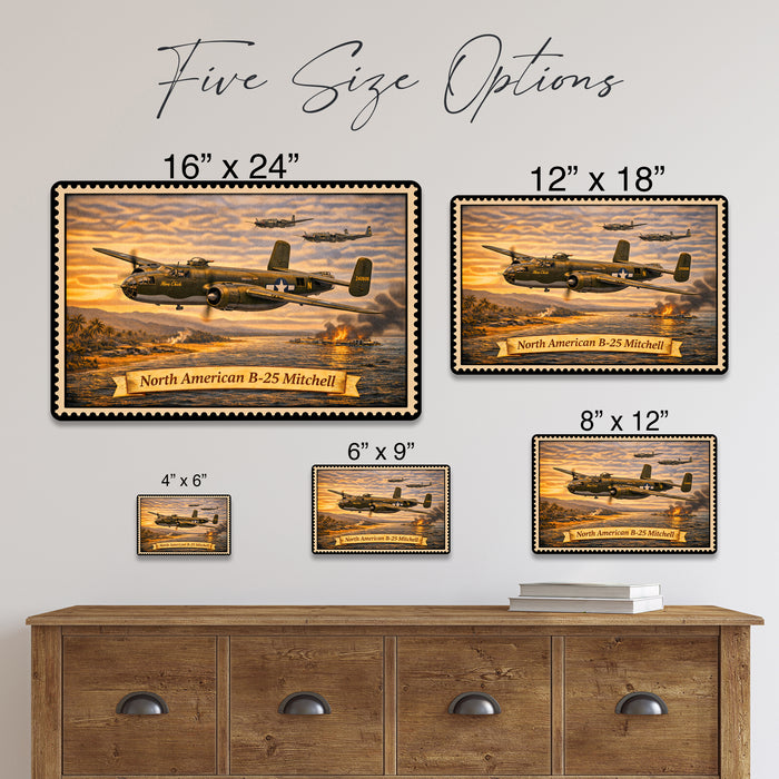 North American B-25 Mitchell metal sign with horizontal postage-stamp style North American B-25 Mitchell vintage artwork