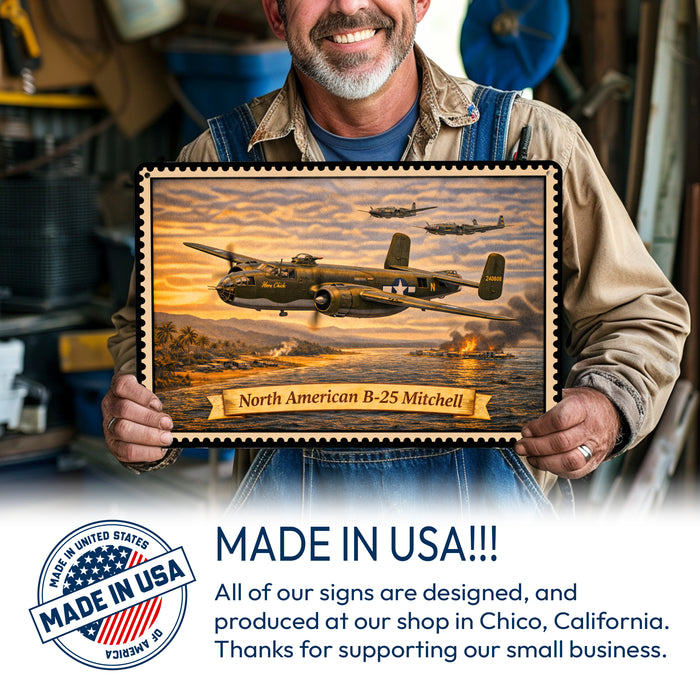 North American B-25 Mitchell metal sign with horizontal postage-stamp style North American B-25 Mitchell vintage artwork