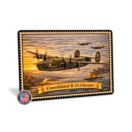 Consolidated B-24 Liberator metal sign with horizontal postage-stamp style Consolidated B-24 Liberator vintage artwork with