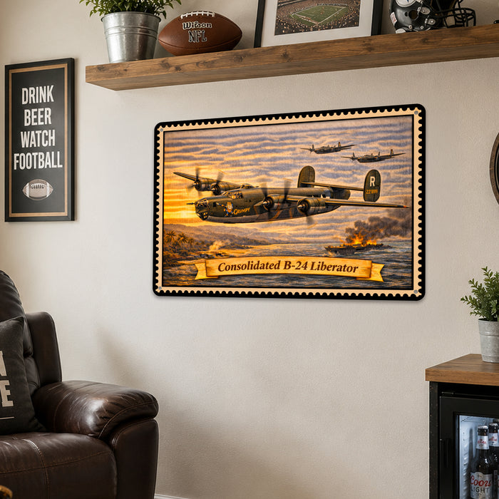 Consolidated B-24 Liberator metal sign with horizontal postage-stamp style Consolidated B-24 Liberator vintage artwork with