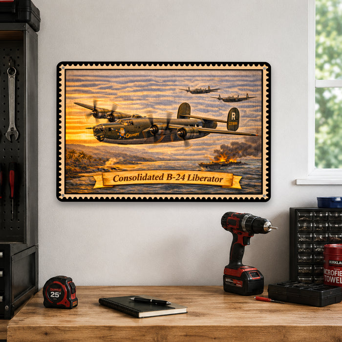Consolidated B-24 Liberator metal sign with horizontal postage-stamp style Consolidated B-24 Liberator vintage artwork with
