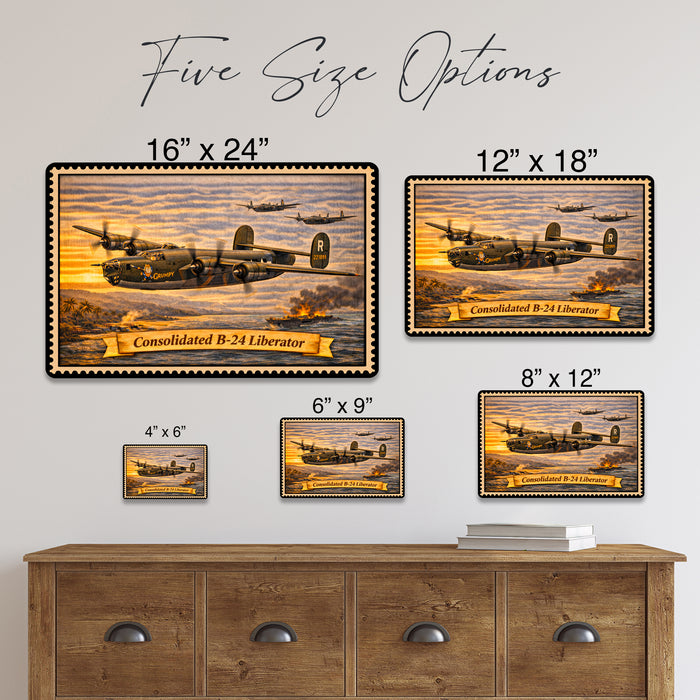 Consolidated B-24 Liberator metal sign with horizontal postage-stamp style Consolidated B-24 Liberator vintage artwork with