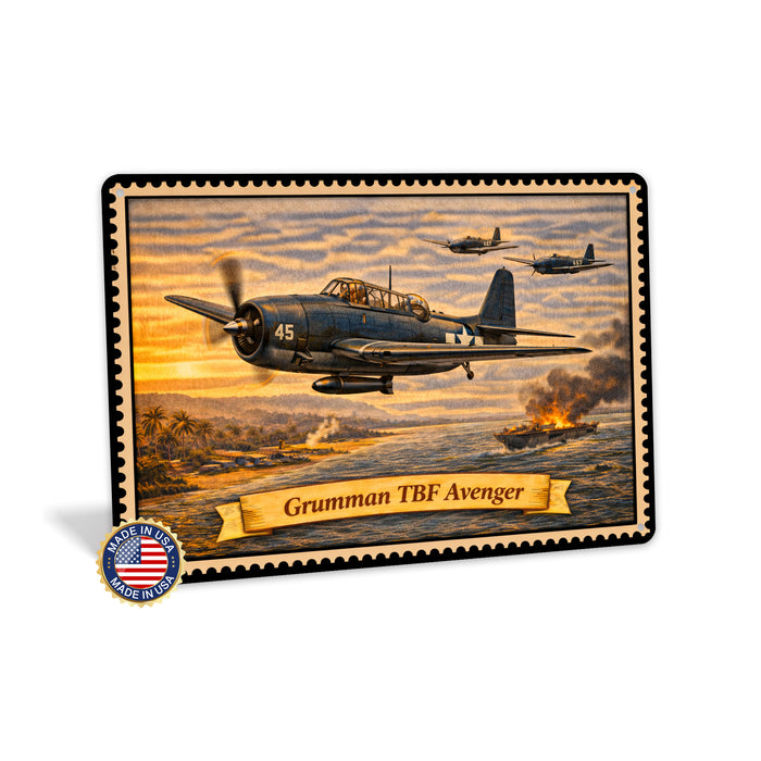 Grumman TBF Avenger metal sign with horizontal postage-stamp style Grumman TBF Avenger vintage artwork with torpedo bomber 45