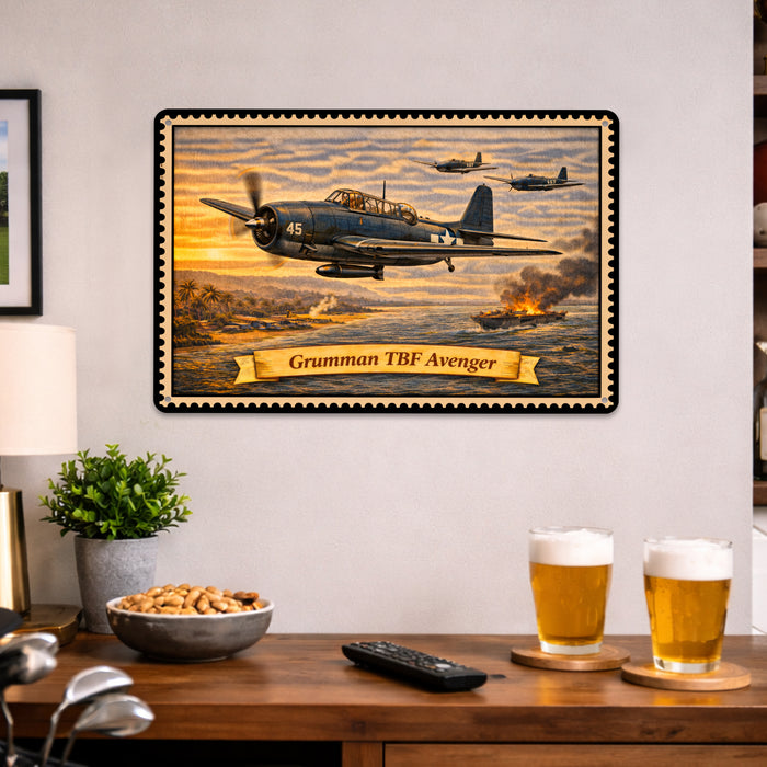 Grumman TBF Avenger metal sign with horizontal postage-stamp style Grumman TBF Avenger vintage artwork with torpedo bomber 45