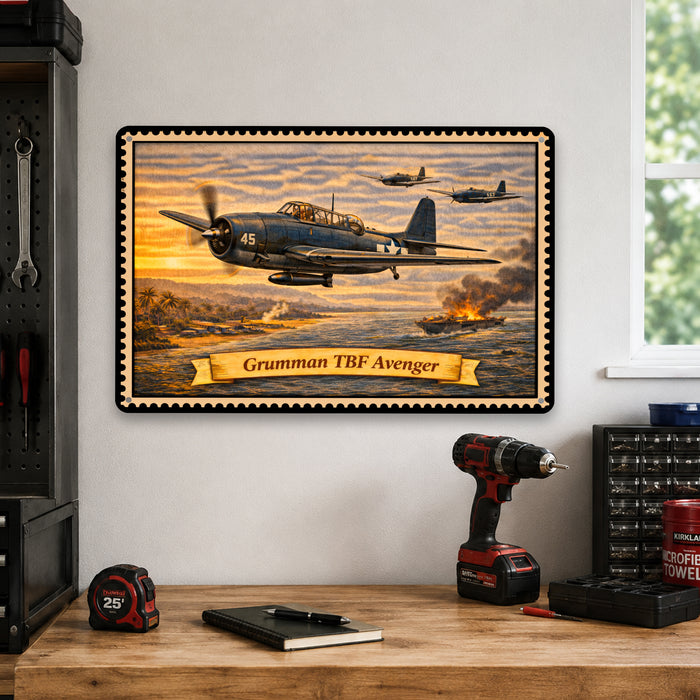 Grumman TBF Avenger metal sign with horizontal postage-stamp style Grumman TBF Avenger vintage artwork with torpedo bomber 45