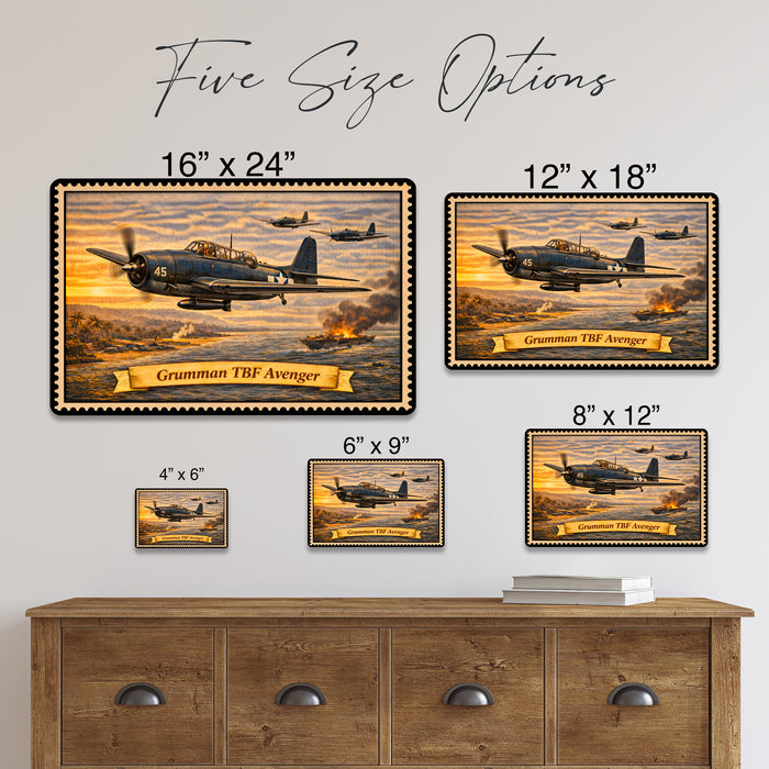 Grumman TBF Avenger metal sign with horizontal postage-stamp style Grumman TBF Avenger vintage artwork with torpedo bomber 45