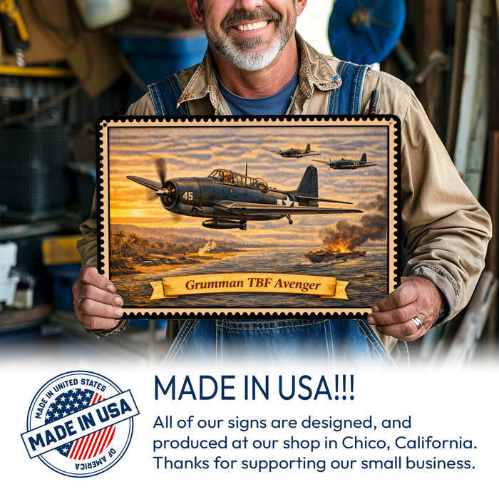 Grumman TBF Avenger metal sign with horizontal postage-stamp style Grumman TBF Avenger vintage artwork with torpedo bomber 45