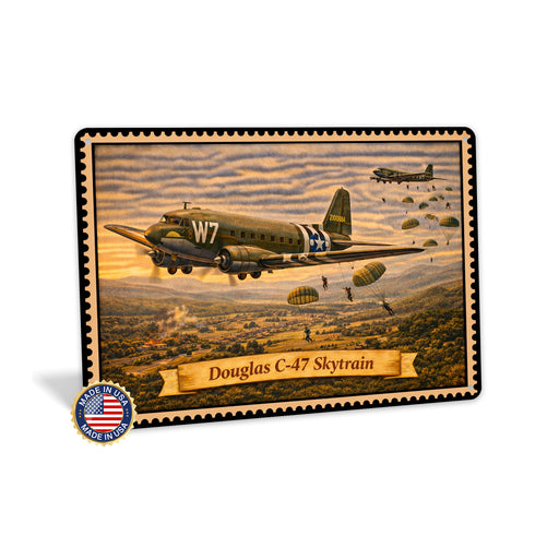 Douglas C-47 Skytrain metal sign with horizontal postage-stamp style Douglas C-47 Skytrain vintage artwork with D-Day