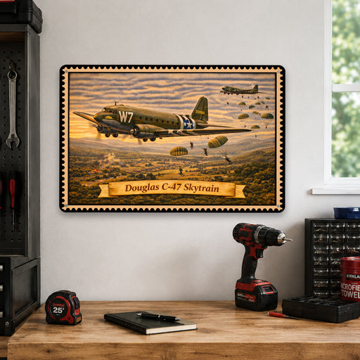 Douglas C-47 Skytrain metal sign with horizontal postage-stamp style Douglas C-47 Skytrain vintage artwork with D-Day
