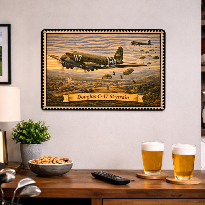 Douglas C-47 Skytrain metal sign with horizontal postage-stamp style Douglas C-47 Skytrain vintage artwork with D-Day