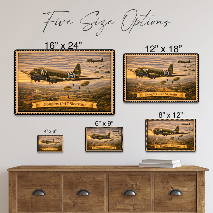 Douglas C-47 Skytrain metal sign with horizontal postage-stamp style Douglas C-47 Skytrain vintage artwork with D-Day