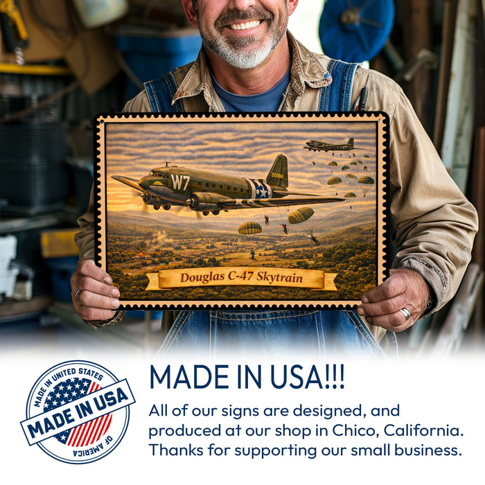 Douglas C-47 Skytrain metal sign with horizontal postage-stamp style Douglas C-47 Skytrain vintage artwork with D-Day