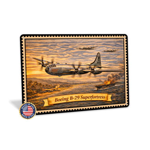 Boeing B-29 Superfortress metal sign with horizontal postage-stamp style Boeing B-29 Superfortress vintage artwork with