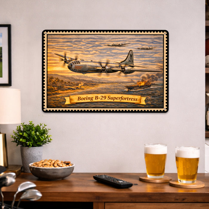 Boeing B-29 Superfortress metal sign with horizontal postage-stamp style Boeing B-29 Superfortress vintage artwork with