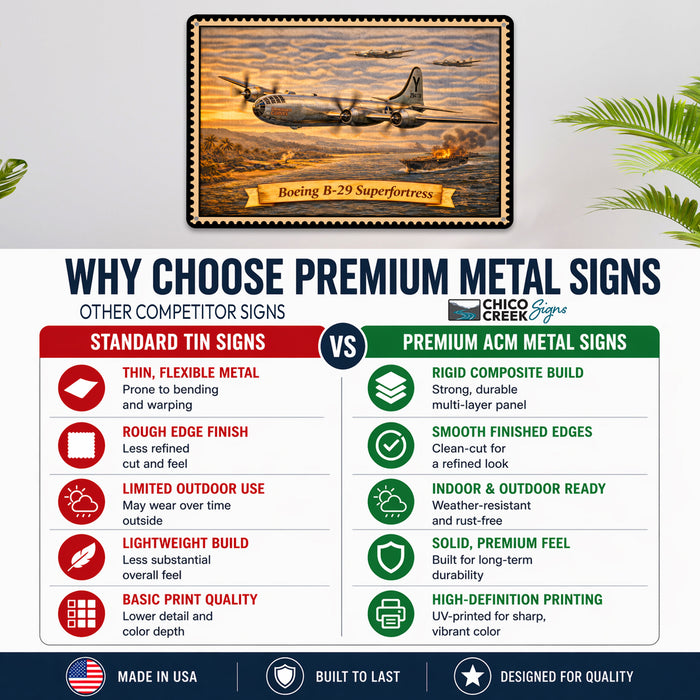 Boeing B-29 Superfortress metal sign with horizontal postage-stamp style Boeing B-29 Superfortress vintage artwork with