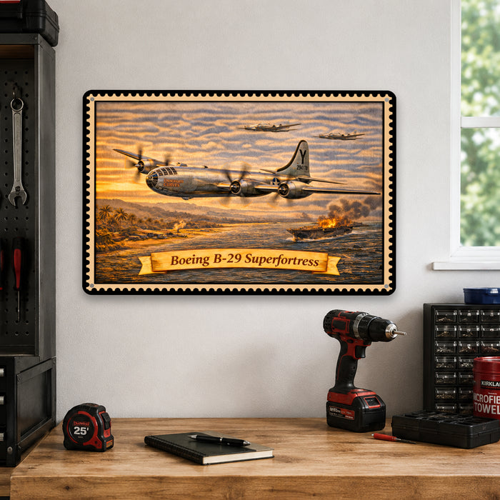 Boeing B-29 Superfortress metal sign with horizontal postage-stamp style Boeing B-29 Superfortress vintage artwork with