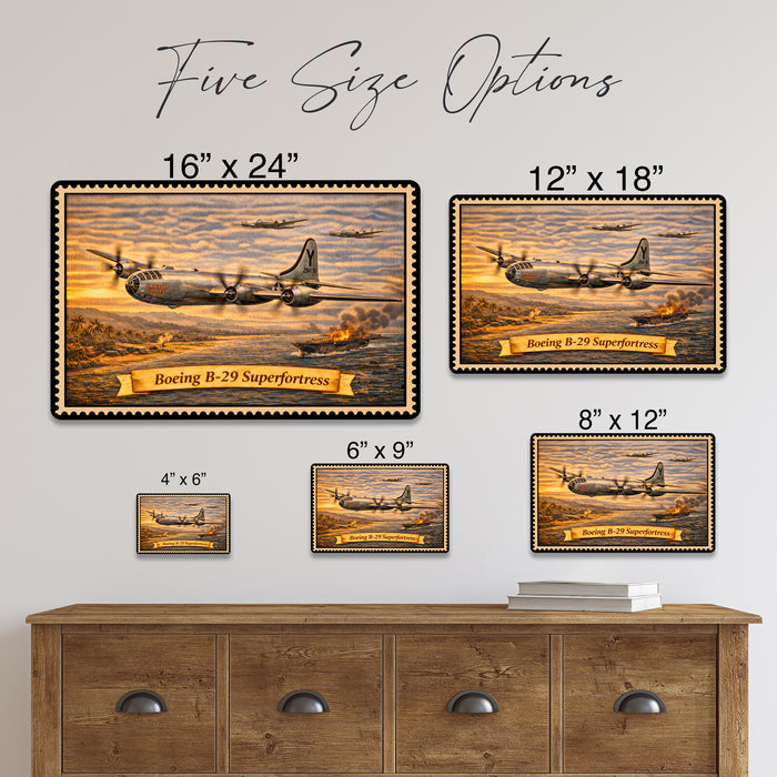 Boeing B-29 Superfortress metal sign with horizontal postage-stamp style Boeing B-29 Superfortress vintage artwork with