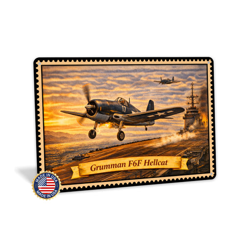 Grumman F6F Hellcat metal sign with horizontal postage-stamp style Grumman F6F Hellcat vintage artwork with carrier launch 17