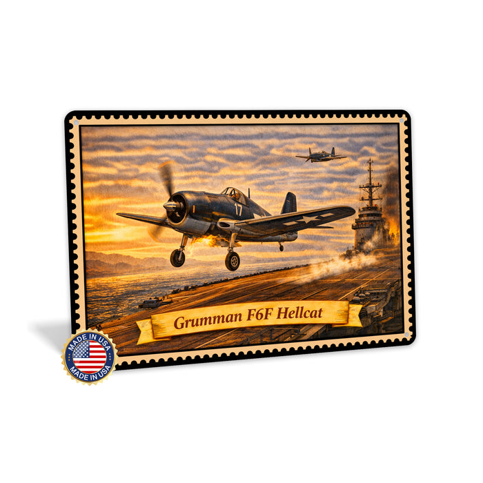 Grumman F6F Hellcat metal sign with horizontal postage-stamp style Grumman F6F Hellcat vintage artwork with carrier launch 17