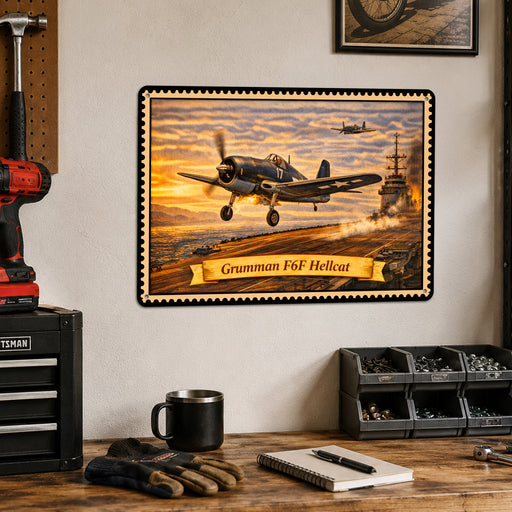 Grumman F6F Hellcat metal sign with horizontal postage-stamp style Grumman F6F Hellcat vintage artwork with carrier launch 17