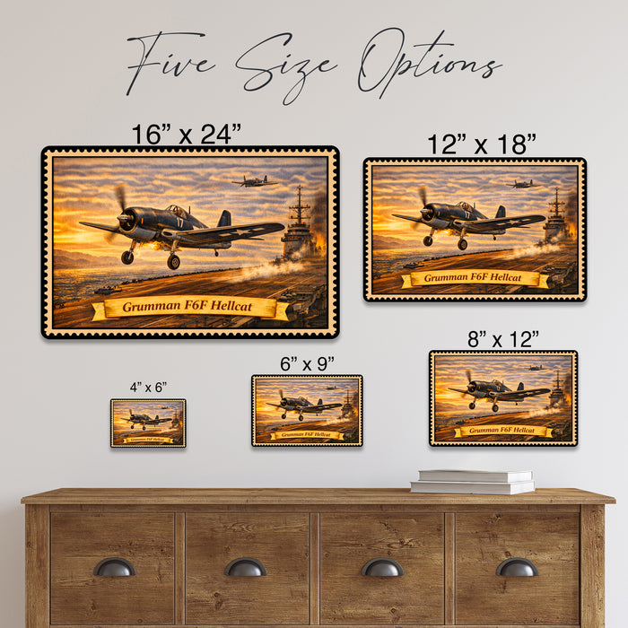 Grumman F6F Hellcat metal sign with horizontal postage-stamp style Grumman F6F Hellcat vintage artwork with carrier launch 17