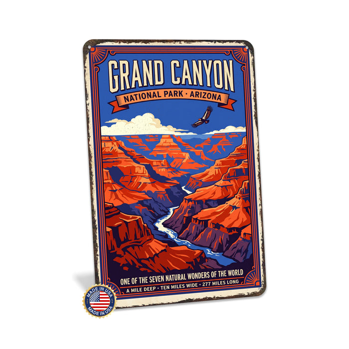 Grand Canyon National Park Arizona metal sign with vintage weathered-tin travel poster illustration — Grand Canyon National