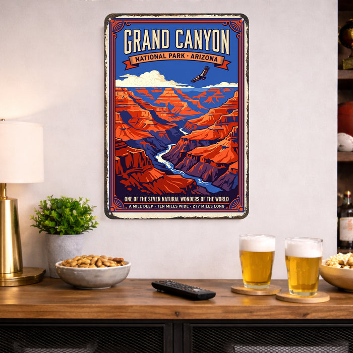 Grand Canyon National Park Arizona metal sign with vintage weathered-tin travel poster illustration — Grand Canyon National