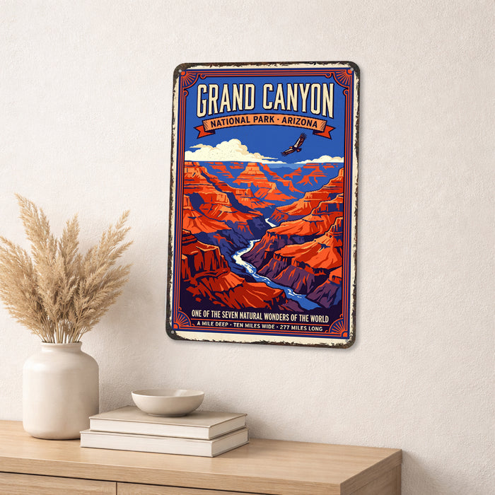 Grand Canyon National Park Arizona metal sign with vintage weathered-tin travel poster illustration — Grand Canyon National