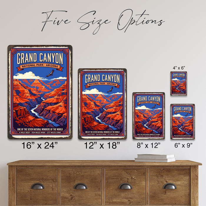 Grand Canyon National Park Arizona metal sign with vintage weathered-tin travel poster illustration — Grand Canyon National