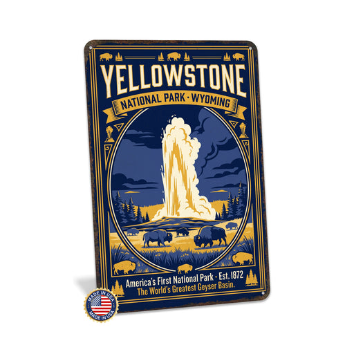 Yellowstone National Park Wyoming metal sign with vintage weathered-tin travel poster illustration — Yellowstone National