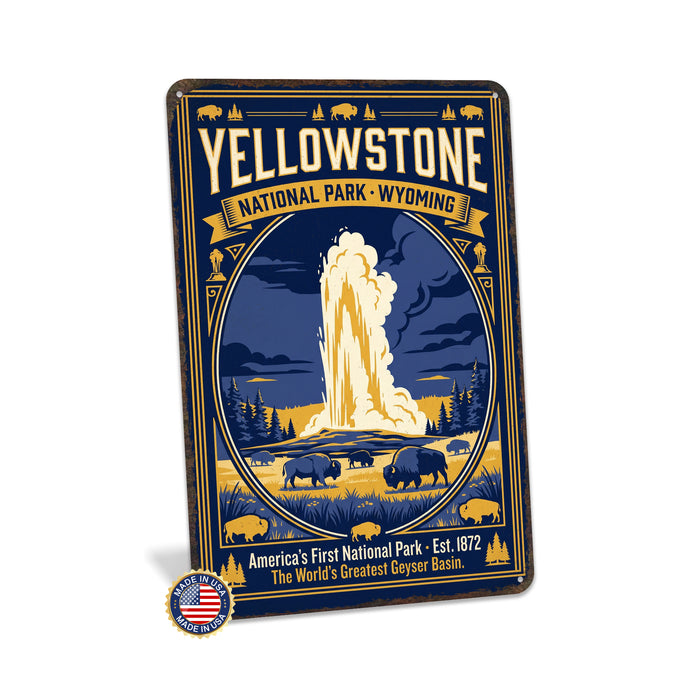 Yellowstone National Park Wyoming metal sign with vintage weathered-tin travel poster illustration — Yellowstone National
