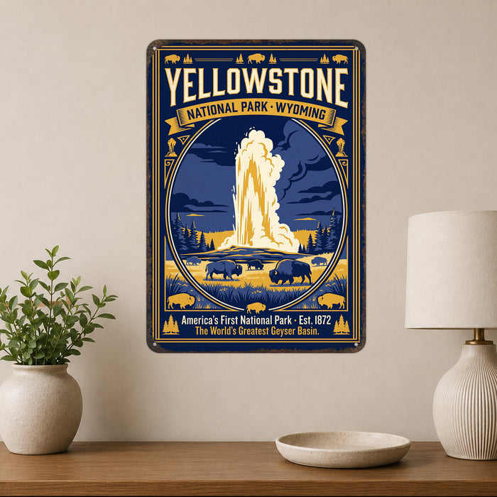 Yellowstone National Park Wyoming metal sign with vintage weathered-tin travel poster illustration — Yellowstone National