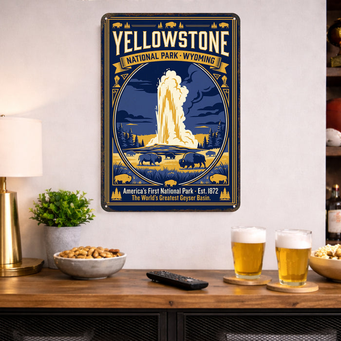 Yellowstone National Park Wyoming metal sign with vintage weathered-tin travel poster illustration — Yellowstone National