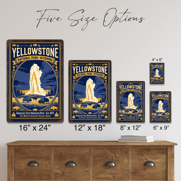 Yellowstone National Park Wyoming metal sign with vintage weathered-tin travel poster illustration — Yellowstone National