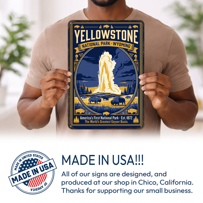 Yellowstone National Park Wyoming metal sign with vintage weathered-tin travel poster illustration — Yellowstone National