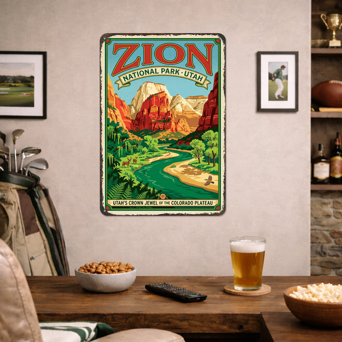 Zion National Park Utah metal sign with vintage weathered-tin travel poster illustration — Zion National Park Utah