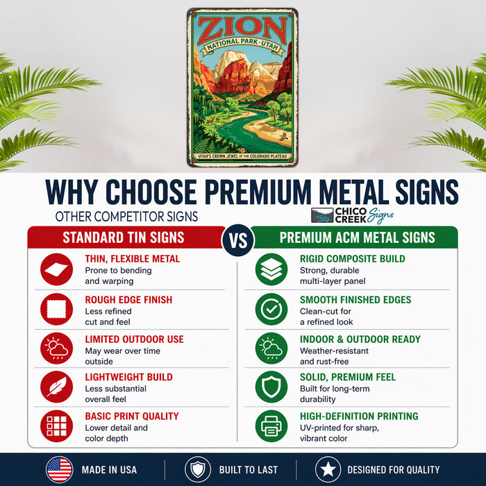 Zion National Park Utah metal sign with vintage weathered-tin travel poster illustration — Zion National Park Utah