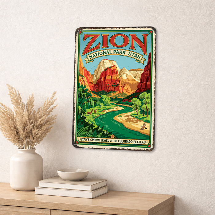 Zion National Park Utah metal sign with vintage weathered-tin travel poster illustration — Zion National Park Utah