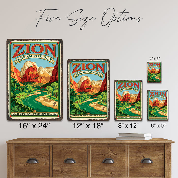 Zion National Park Utah metal sign with vintage weathered-tin travel poster illustration — Zion National Park Utah
