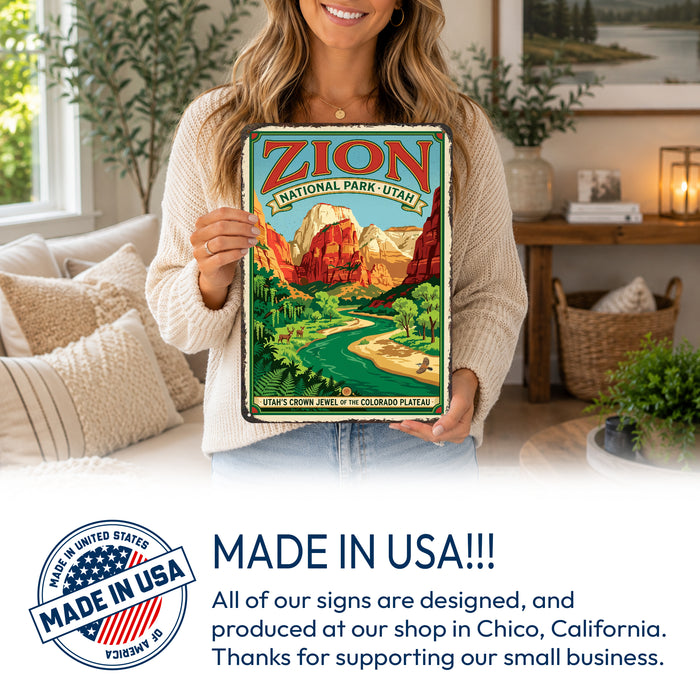 Zion National Park Utah metal sign with vintage weathered-tin travel poster illustration — Zion National Park Utah