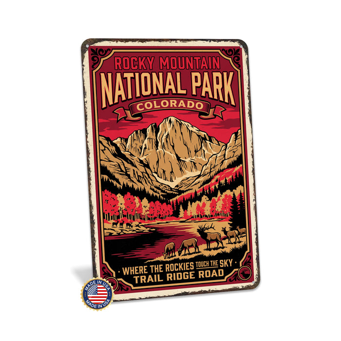 Rocky Mountain National Park Colorado metal sign with vintage weathered-tin travel poster illustration — Rocky Mountain